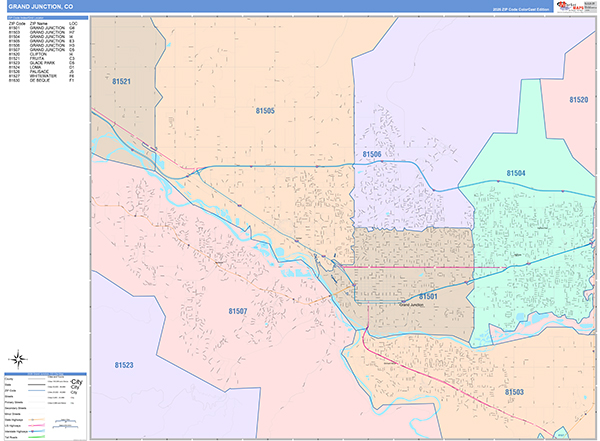 Grand Junction City Wall Map Color Cast Style